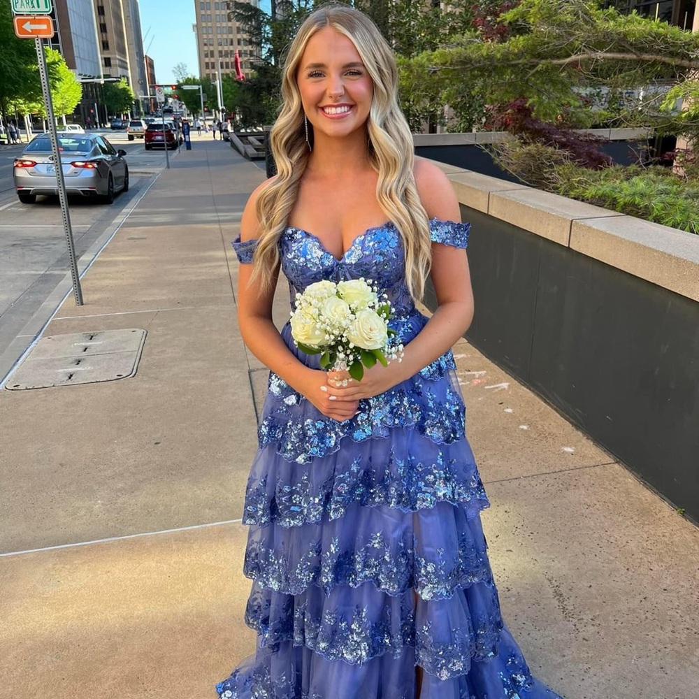 Tres Jolie Blue Ruffled Tiered Prom Dress in Perwinkle!